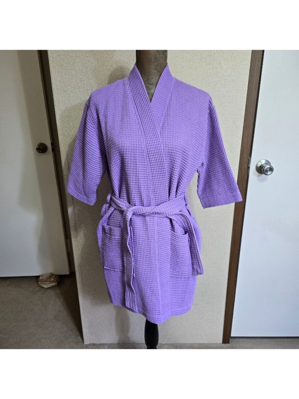 Turquaz Waffle Knit Purple Bathrobe Womens Medium Lightweight Kimono Belted